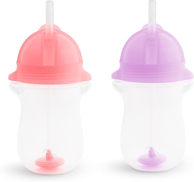 Munchkin Any Angle Weighted Toddler Straw Cups with Click Lock Lid, 10 Ounce, 2 Pack, Pink/Purple