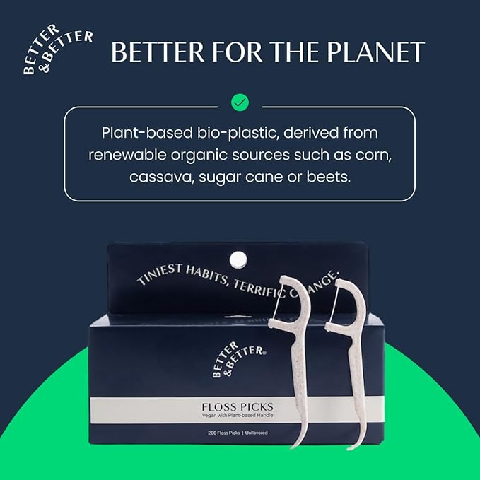 Better & Better Floss Picks (Box of 200) | Unflavored Vegan Dental Picks for Adults & Kids | Biodegradable Plant-Based Handles & Sturdy Floss Thread | Gluten, Cruelty & BPA-Free