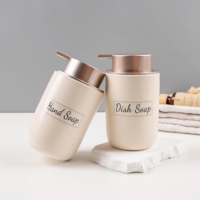 BosilunLife Apricot Soap Dispenser Set - 2 Pack 12oz Ceramic Dish Soap Dispenser with Rust Proof Pump for Kitchen, Hand Soap and Lotion Set Suitable for Farmhouse Bathroom Decor with Waterproof Labels