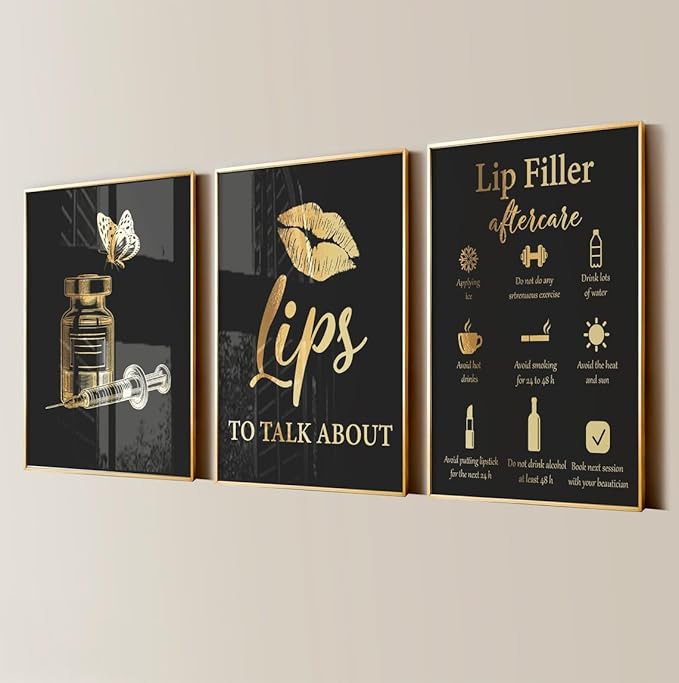 Lip Procedures Wall Art 3 Pieces Lip Fil-ler Poster Lip Inje-ction Treatment Prints Canvas Painting Framed Artwork for Beauty Salon Med Spa Decoration with Inner Frame
