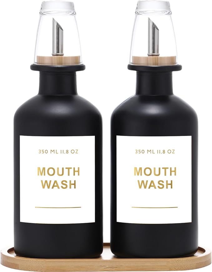 11.8OZ Glass Mouthwash Dispenser for Bathroom with Stainless Steel & Bamboo Nozzle, Mouthwash Cup Reusable, Bamboo Tray, and Elegant Gold Sticker.Set of 2（Black
