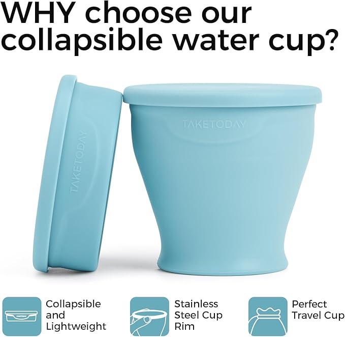 TakeToday Collapsible Travel Cup - Silicone Foldable Water Cup, BPA-Free with Lid & Waterproof Bag - Drinking Cup Set for Office, Camping & International Travel（8 Oz, Blue）
