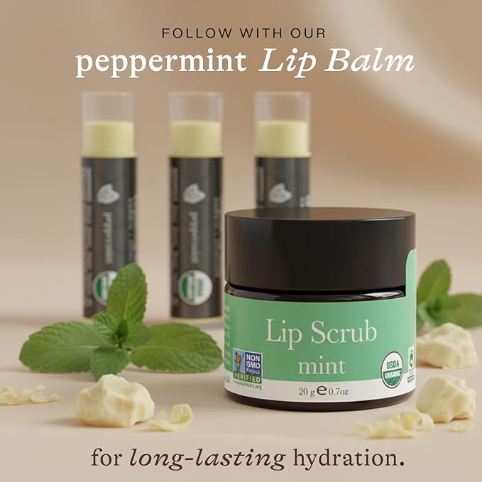 USDA Organic Lip Scrub Mint - USA Made with Natural Ingredients, Stocking Stuffers for Men & Wife, Sugar Scrubber Exfoliator for Dry Lips, Best Cheap Beauty Stocking Stuffers for Women & Teen Girls