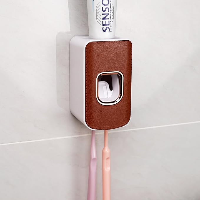 2 Slot Plastic Toothbrush Holder and Toothpaste Dispenser Wall Mounted, Automatic Toothpaste Squeezer, 2 in 1 Tooth Brush Toothpaste Organizer for Shower (Brown)