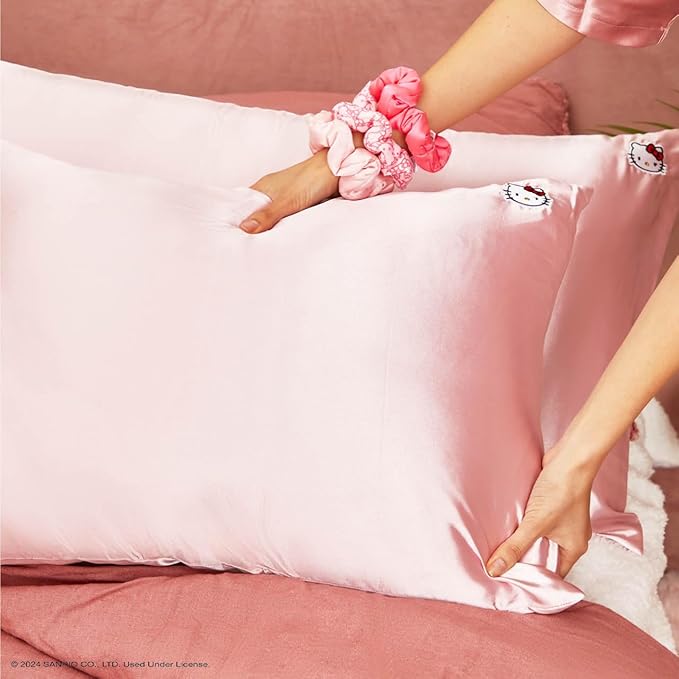 Kitsch x Hello Kitty (Pink Kitty Face) - Satin Pillowcase with Zipper for Hair and Skin, Softer Than Silk Pillow Case, Smooth Cooling Pillow Covers, Machine Washable, King Size (19x36)