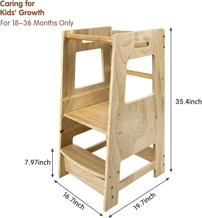 ECOMEX Toddler Standing Tower Kitchen Step Stool for Kids - Adjustable Height Learning Stool with Removable Safety Rail for Bedroom, Bathroom, Natural