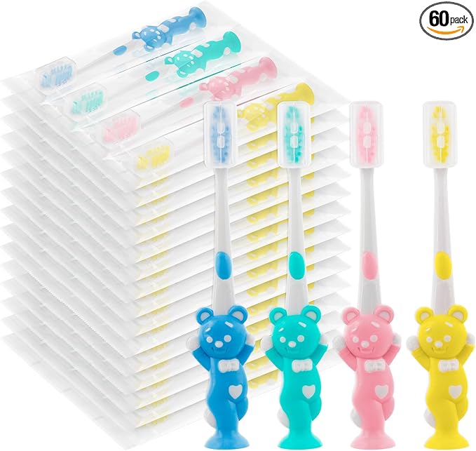 Toothbrushes for Kids In Bulk, Individually Wrapped Disposable Toothbrush Cute Manual Soft Bristles Children Toothbrush With Cover Suction Cup Toddler Toiletries Set for Home/School/Travel (60 Pack)