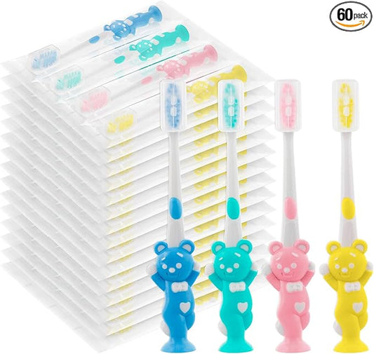 Toothbrushes for Kids In Bulk, Individually Wrapped Disposable Toothbrush Cute Manual Soft Bristles Children Toothbrush With Cover Suction Cup Toddler Toiletries Set for Home/School/Travel (60 Pack)