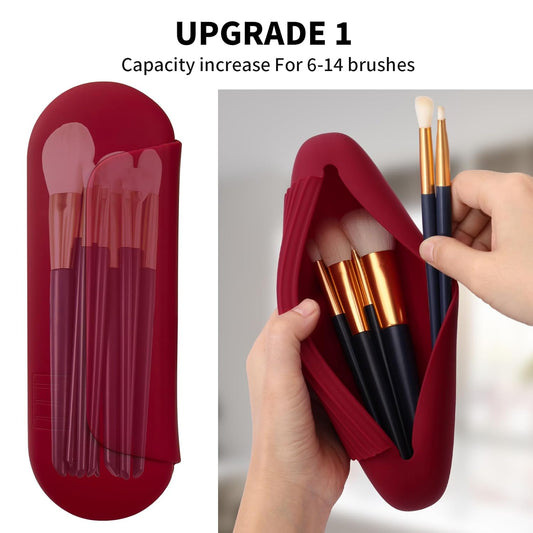 Silicone Makeup Brush Holder Travel Cosmetic Bag：Soft Portable Cosmetic Face Brushes Holder with Upgrade Anti-Fall Out Magnetic Closure, Large Travel Makeup Brush Case - Red