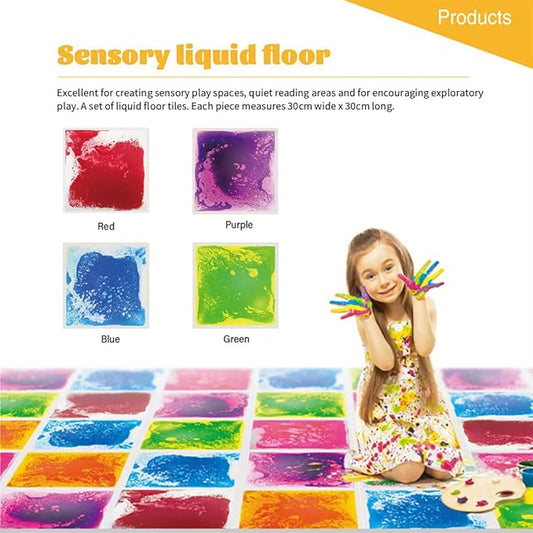 Sensory Liquid Floor Tiles for Kids, Decorative Tiles for Autism, Early Learning Toys, Activity Play Mats with Anti-Slip Backing, Multi-Color Set of 4 Pack 12" x 12"