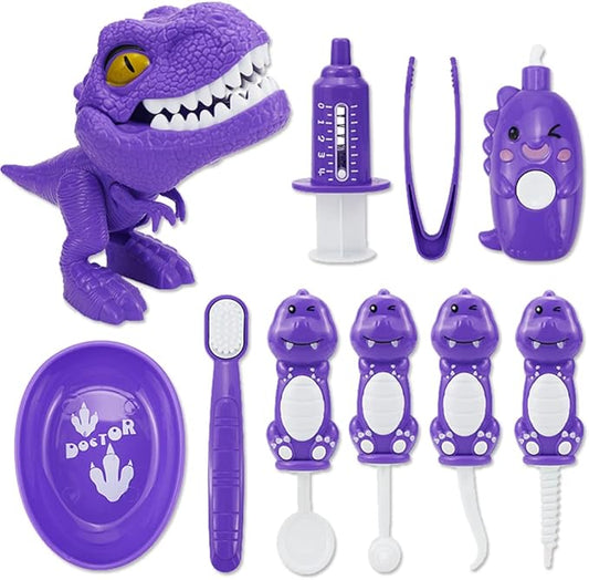 10PCS Plastic Dinosaur Simulation Dentist Play Set Animation Medical Kit Pretend Toy for Kids Hygienic Habbit Cultivation Role Play Game for Children 5 Models 4 Colors OPP Bag Packaging (Purple)