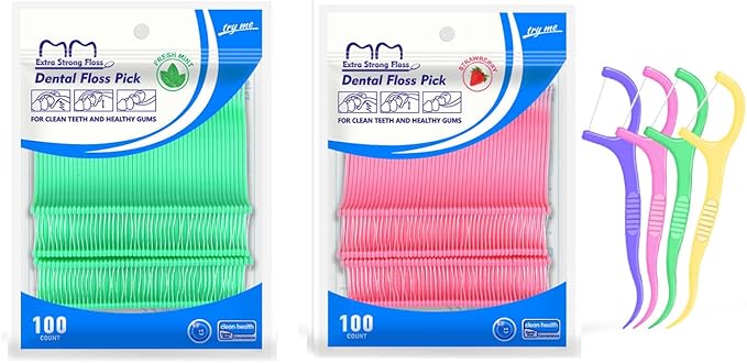 Fruit Flavored Floss，toothpicks，Cleaning Teeth，Ultra-fine Dental Floss Stick, Fight Tooth Decay and Keep Your Teeth Clean，Teeth Cleaning Tool (200 Pieces (Bagged/Single line), Mint+Strawberry Flavor)