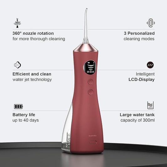 Water Dental Flosser for Teeth, Portable Cordless Water Flosser with 300ML Rechargeable with Type-C, IPX7 Waterproof Water Flossers for Adults with 3 Intensity Modes and 3 Flossing Tips Bordeaux