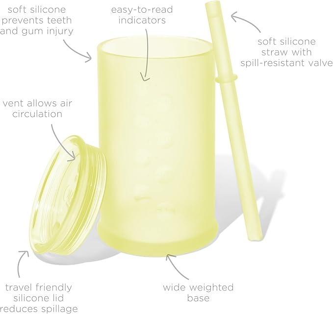 Olababy Clear View Silicone Training Cup with Straw Lid | Toddler Sippy Trainer 12mo+ | Unbreakable Water Drinking Cups for Kids 2yr+ | Baby Led Weaning & Feeding Supplies (Lemon, 9 oz)