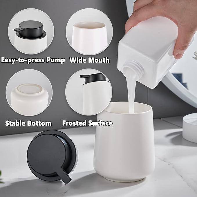 12Oz White Soap Dispenser - Modern Ceramic Lotion Hand Soap Dispenser with Easy-to-Press Black Pump, Reusable and Refillable Liquid Dish Soap Dispensers for Bathroom & Kitchen