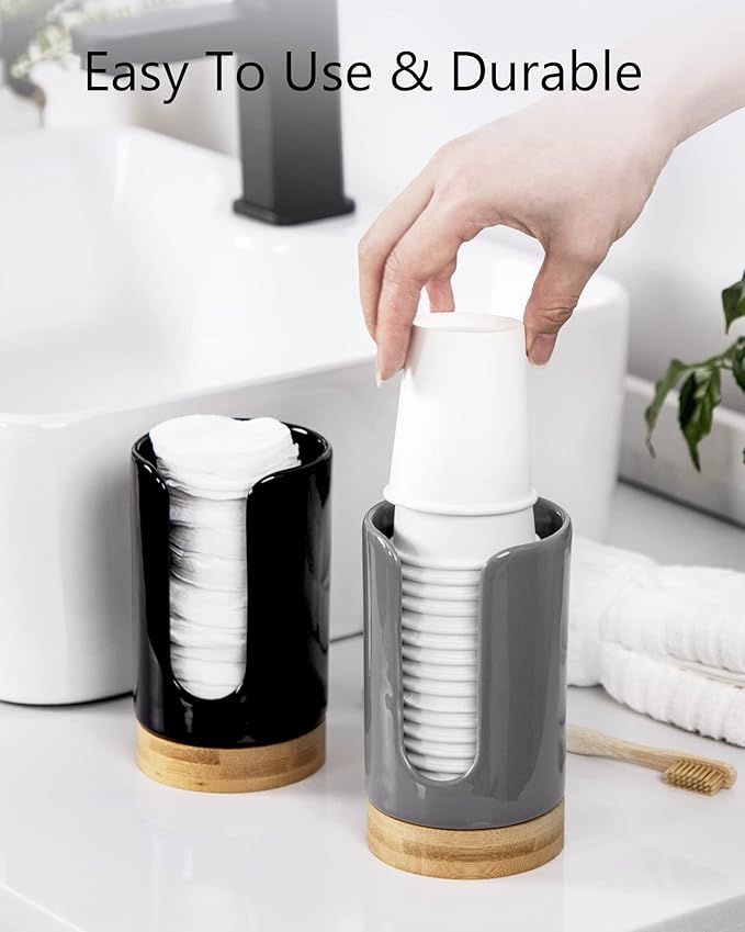 Ceramic Bathroom Cups Dispenser - 3-5 oz Disposable Paper & Plastic Bathroom Cups Holder - Mouthwash Cups Dispenser for Bathroom, Guest Toiletries, Countertop, Coffee - BPA Free (Grey)