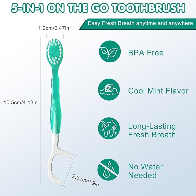 Mini Toothbrush Disposable with Toothpaste,Tongue Scrapers,Floss and Pick.Travel Tooth Brush Pack for Work or Travel.Individually Wrapped, 10 Count, Mint and Three Other Fruit Flavors