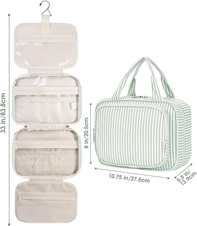 Narwey Striped Hanging Toiletry Bag for Women Travel Makeup Bag Organizer Toiletries Bag for Travel Size Essentials Accessories Cosmetics (Mint Green Stripe (Medium))