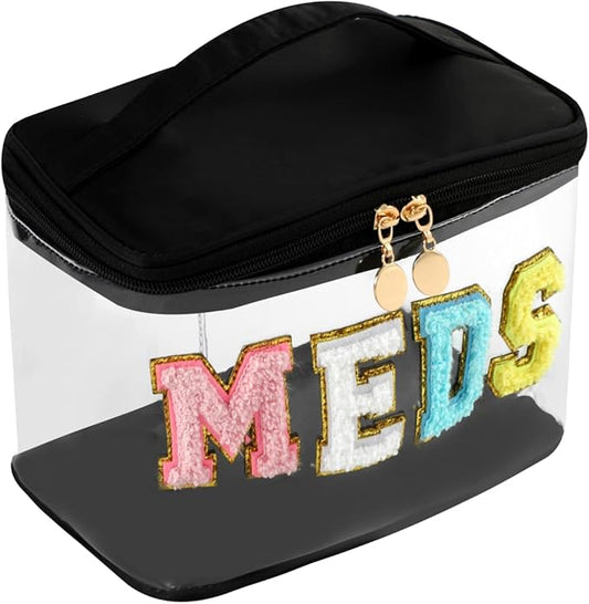 Large Waterproof Chenille Letter Medicine Clear Makeup Bag, Transparent PVC Nylon Preppy Patch Cosmetic Bag with Handle, Portable Meds First Aid Travel Organizer Cosmetic Bag (07MEDS- Black)