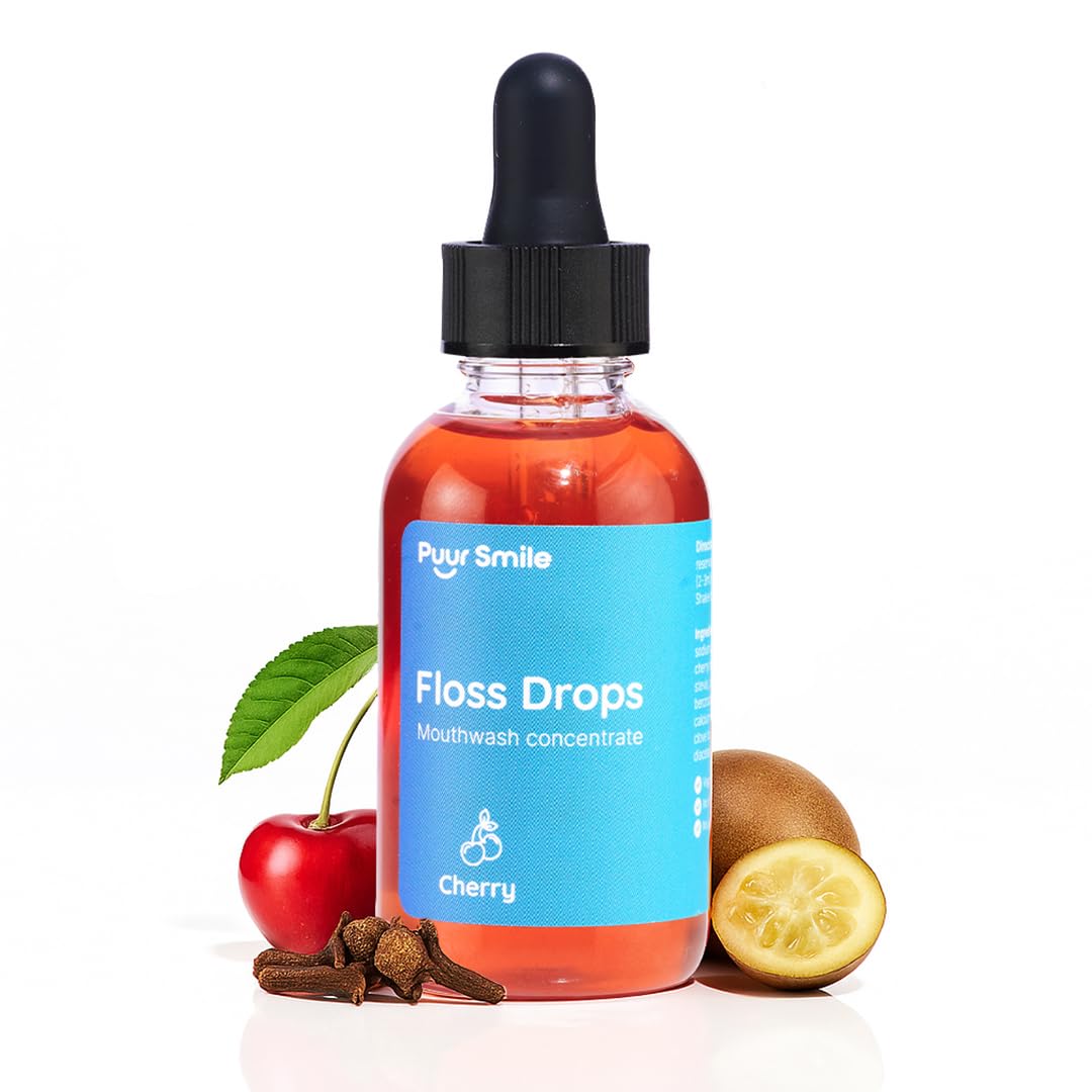 Concentrated Floss Drop Serum – 2oz Concentrated Mouth Wash to Use in Water Flosser | Natural Essentials Promotes Good Breath | Organic Drop Provides Good Oral Health (Cherry Flavor)