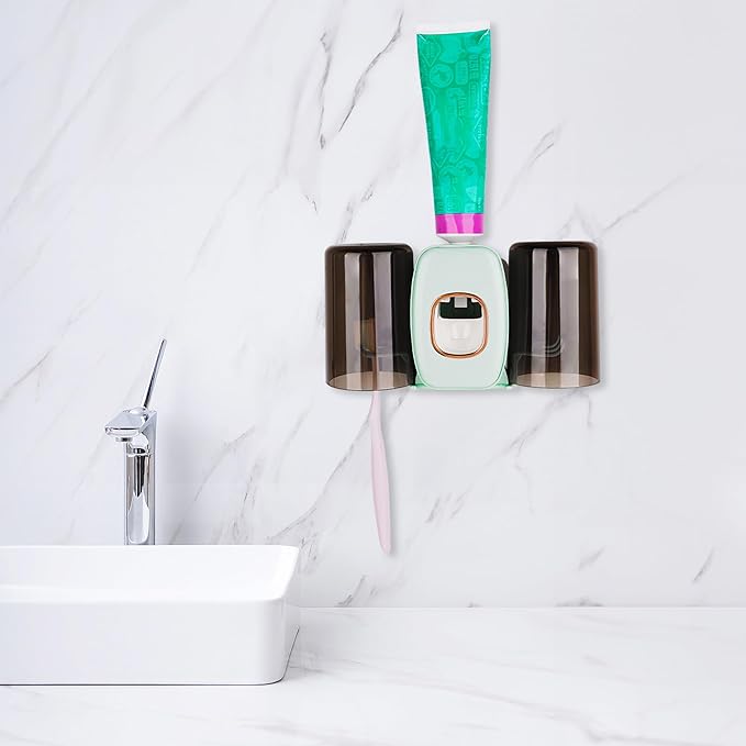 4 Slots Wall Mount Toothbrush Holder with Cover, Self Adhesive Toothbrush Storage Organizer for Shower, Toothbrush Hanger with 2 mouthwash Cups for Bathroom, Medicine Cabinet, Dorm(Green)