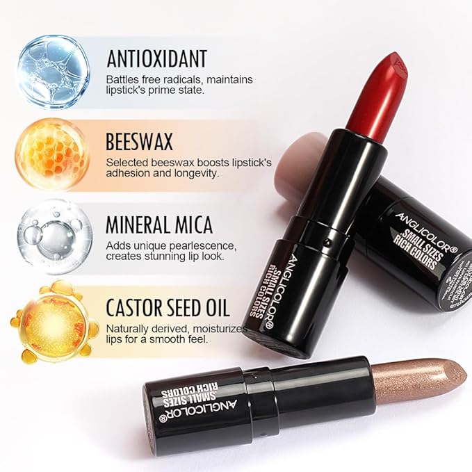 Anglicolor 6PC Mini Glitter Lipstick Set,High Pigmented,Lightweight Smooth Moisturizing Formula,Glossy Shine,Travel Size,Metallic Shimmer Lipstick Gift Sets For Women Girls Makeup kit