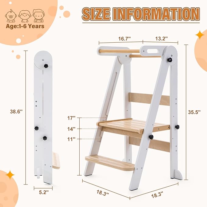 Foldable Toddler Kitchen Stool Helper - Adjustable Height Toddler Standing Tower, Kids Helper Stool with Safty Rail for Kitchen Counter Bathroom (White)