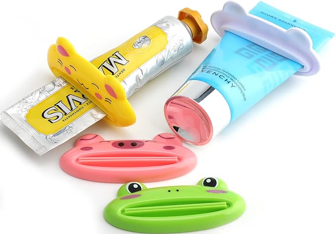 Pasow Cartoon Animal Plastic Frog Cat Panda Pig Shaped Toothpaste Cream Squeezers - Pack of 4 Mix Designs