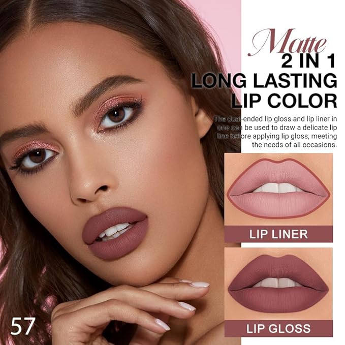 1Pcs 2 in 1 Red Brown Matte Lip Liner and Liquid Lipstick Stain Makeup Set for women, Red Brown Long Lasting Smudge Proof Lip Tint Matte Finish Lip Gloss for All-Day Color Hold Easy to Use 57#