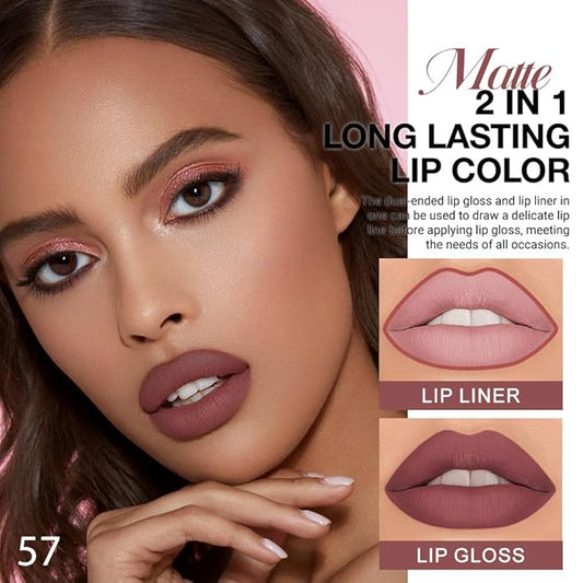 1Pcs 2 in 1 Red Brown Matte Lip Liner and Liquid Lipstick Stain Makeup Set for women, Red Brown Long Lasting Smudge Proof Lip Tint Matte Finish Lip Gloss for All-Day Color Hold Easy to Use 57#