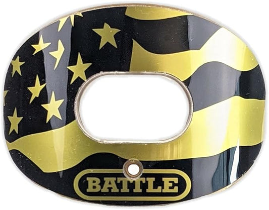 Battle Sports American Flag 2.0 Chrome Oxygen Football Mouthguard - Convertible Strap, Superior Airflow & Better Performance, Maximum Protection & Breathability Mouthpiece, Works with Braces - Gold