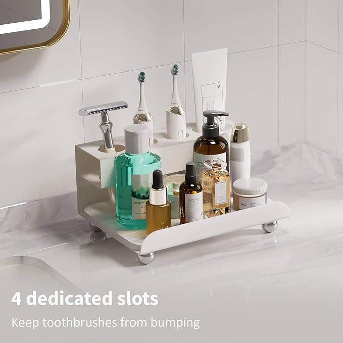 Quick Dry Electric Toothbrush Holder 4 Slots Metal Bathroom Counter Organizer for Toothpaste Razor Mouthwash, White