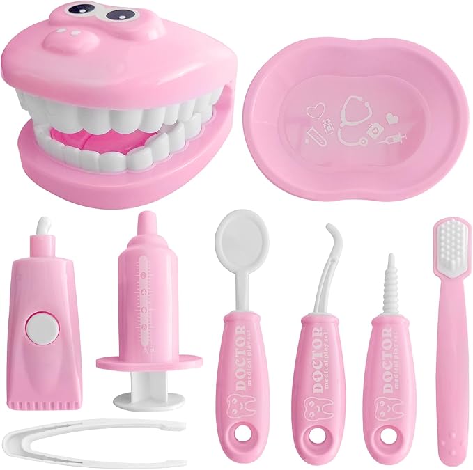 9-Piece Dental Pretend Play Set, Educational Dentist Play Kit with Teeth Model, Toothbrush, Dental Mirror, Syringe, Toothpaste, Tray, and Dental Tools, Fun Pretend Play Doctor Kit for Kids (Pink)