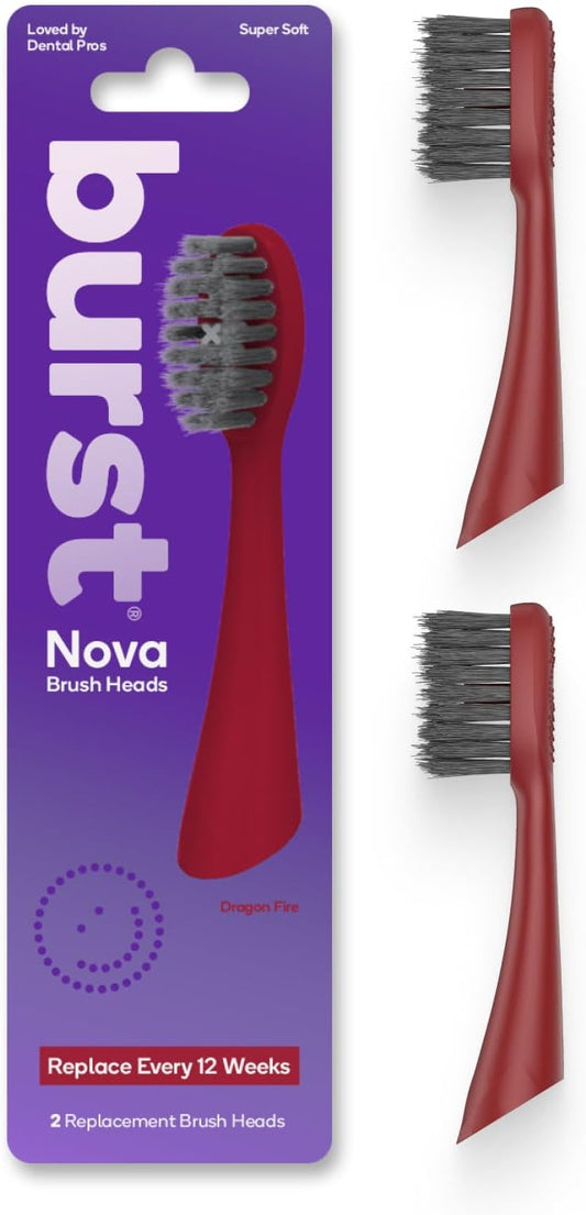 BURST Replacement Heads for Nova Sonic Toothbrush (Red) | Super-Soft Bristles Reduce Risk of Abrasion & Irritation | Tapered Ends Reach Below The Gumline | for a Whiter, Brighter Smile
