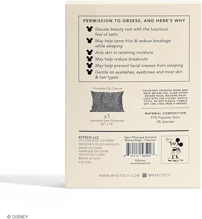 Kitsch & Disney Mickey Mouse Satin Pillowcase with Zipper Softer Than Silk, Cooling Pillow Case for Hair & Skin, Wrinkle-Free, Machine Washable, Queen/Standard 19x26