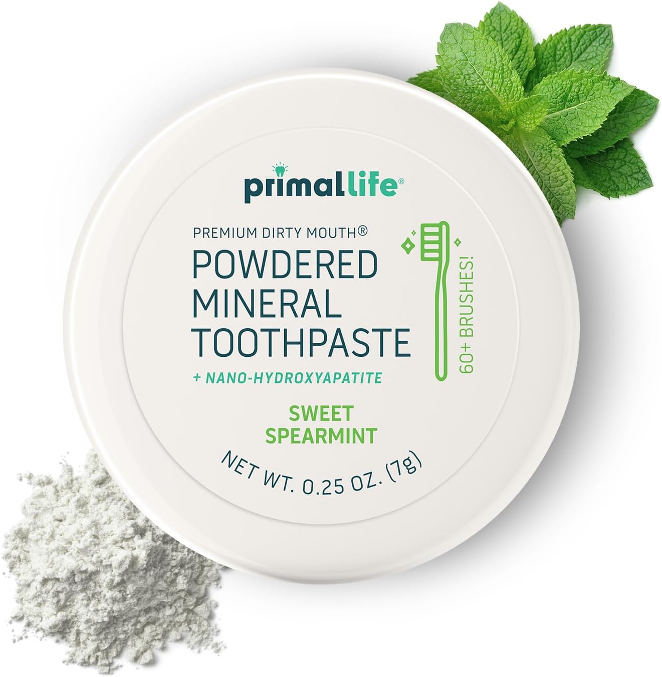 Primal Life Organics - Dirty Mouth Toothpowder, Tooth Cleaning Powder, Flavored Essential Oils with Natural Kaolin & Bentonite Clay, Good for 60+ Brushings, Organic, Vegan (Sweet Spearmint, 0.25 oz)