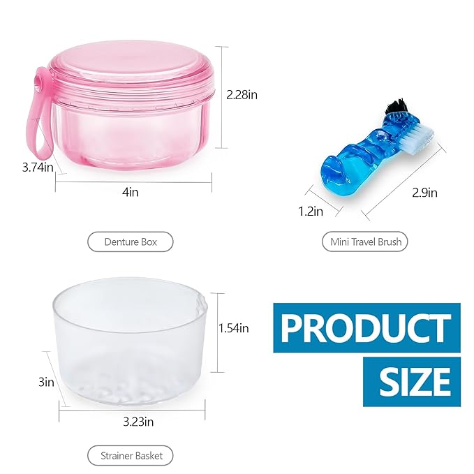 Denture Bath Case Denture Cleaning Cup with Lid Leak Proof, False Teeth Holder Mouthguard Storage Box Retainer Soaking Case for TravelHousehold|Office - Transparent Pink