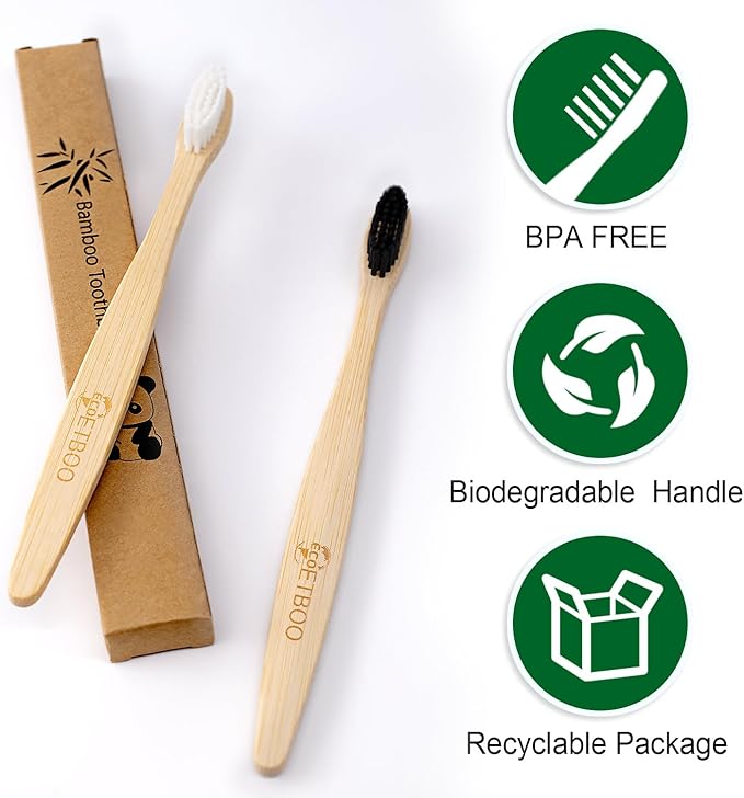 Bamboo Toothbrushes Medium Bristles for Adult, 10 Pack Family Bulk Toothbrushes Set Natural Organic Wooden Tooth Brush Charcoal Wood Handle Tooth Cleaning Brush Black White