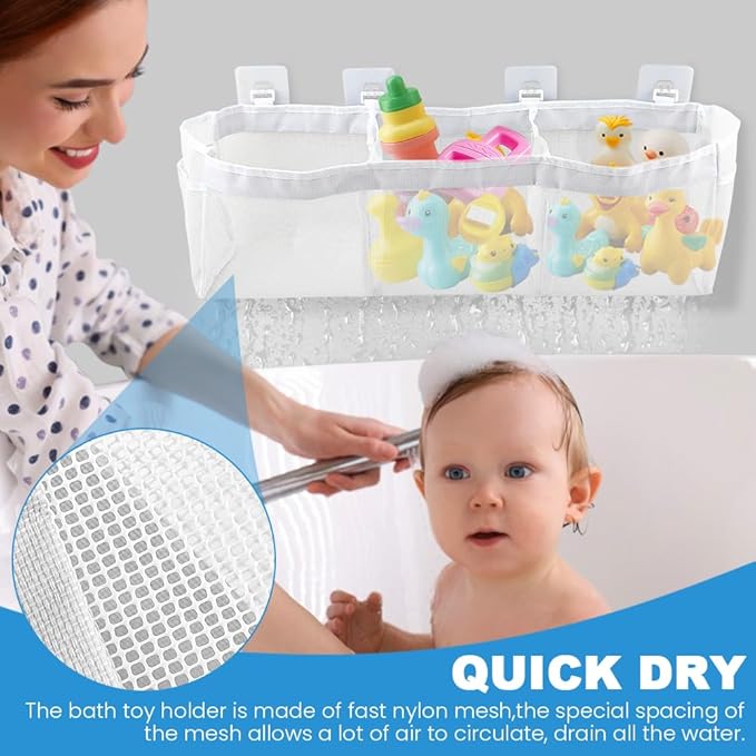 JIANWEI Bath Toy Organizer, 3 Compartment Bathtub Toy Storage Bag, Quick Access Bath Toy Holder with 4 Hooks, Mesh Shower Caddy Practical Supplies for Toy Organizer and Sorting(White)