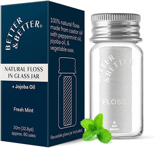 Better & Better Natural Floss in Refillable Glass Jar | Waxed & Zero Plastic Oral Care - 100% Plant-Based, Vegan, Eco and Non Toxic Dental Floss, 1 Spool