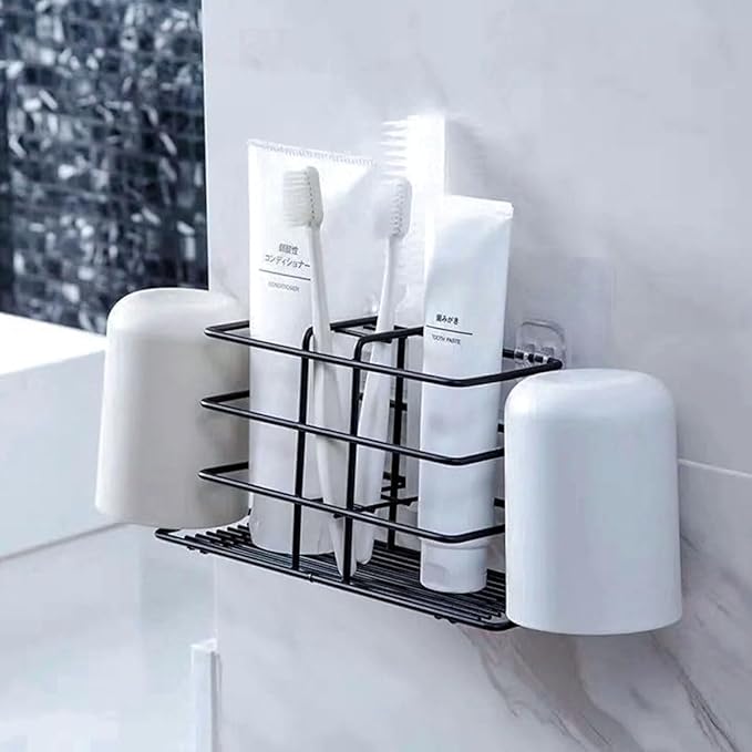 Toothbrush Holder for Bathroom - Metal Countertop Toothbrush and Toothpaste Holder, Creative No-Drill Wall Mounted Tooth Brush Storage Rack Organizer Stand with 2 Mouthwash Cups Hanger (Black)