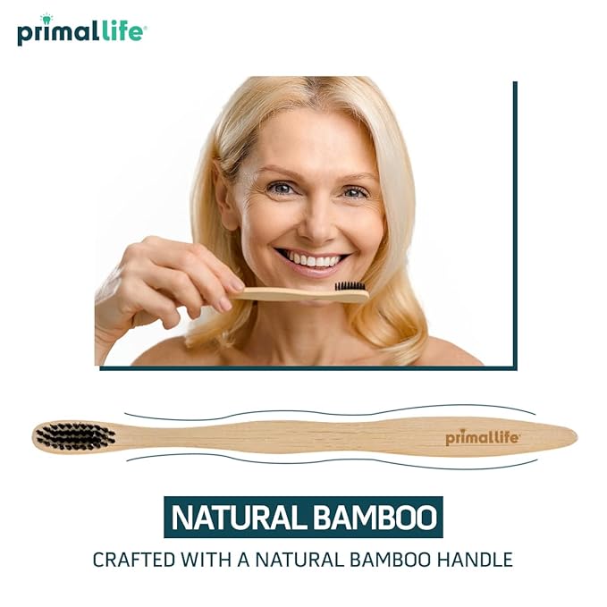 Primal Life Organics - Charcoal Toothbrush, Made with Charcoal & Bamboo, Biodegradable, BPA-Free, Perfect for Kids & Adults, Recyclable, Gently Massages Gums & Teeth, Zero Waste Toothbrush, (1-Pack)