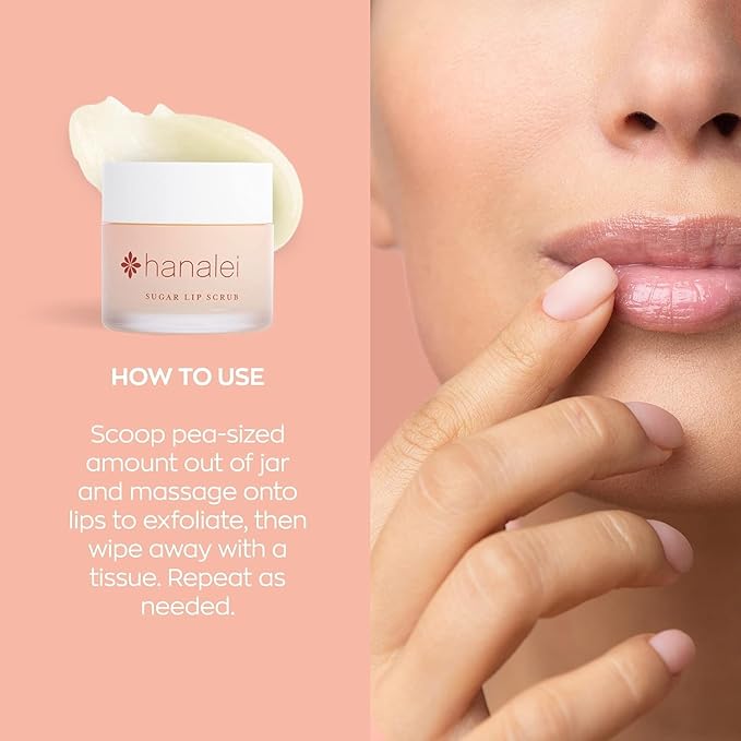 Hanalei Vegan Sugar Lip Scrub Exfoliator - Hawaiian Cane Sugar, Kukui Oil & Shea Butter for Smooth, Hydrated Lips - Natural, Cruelty-Free Lip Care, Removes Dry Skin, Moisturizes & Softens (22g)