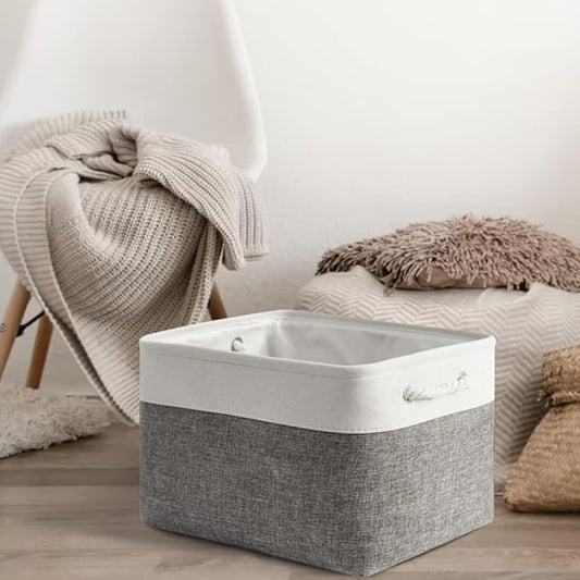 Storage Basket for Shelves - 17X15X12 inch 2 Pack Fabric Cube Storage Bin Collapsible Baskets for Organizing with Rope, Storage Box for Cloth Decorative (White & Grey)