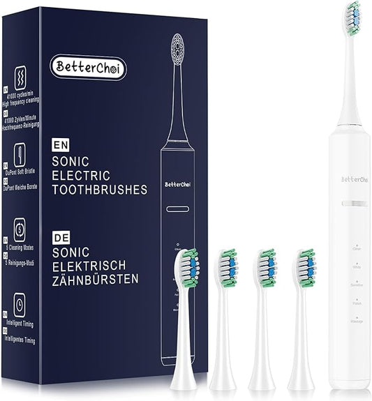 Betterchoi Sonic Electric Toothbrush for Adults, USB Rechargeable Toothbrush - 41,000 VPM Maglev Motor - 4 Brush Heads - IPX7 Waterproof, 180-Day Battery Life, 5 Cleaning Modes & Smart Timer, White