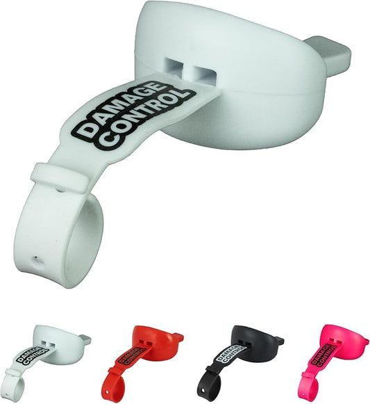 DAMAGE CONTROL Mouthguard with Permanent Helmet Strap, Youth Mouth Guard to Protect Lips & Teeth, No Boiling Pacifier, Breathable Binky Mouthpiece, Football Mouthpiece, Works with Braces (White)