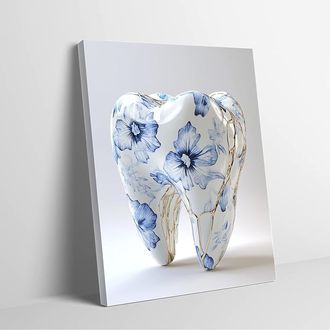 SchindlerBang Dentist Office Decoration,Teeth Wall Art Print,Floral Mechanical Tooth Poster,Contemporary Clinic Living Space,16x24inch Framed Canvas Ready to Hang