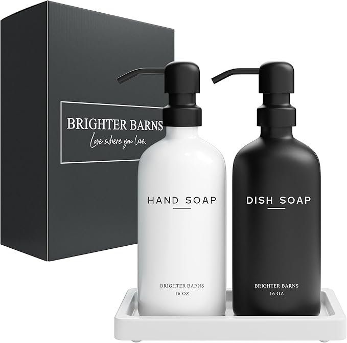Luxury Glass Hand and Dish Soap Dispenser Set by Brighter Barns - Kitchen Soap Dispenser Set with Tray for Kitchen, Home or Restaurant - Modern Farmhouse Kitchen Decor (Black/White)