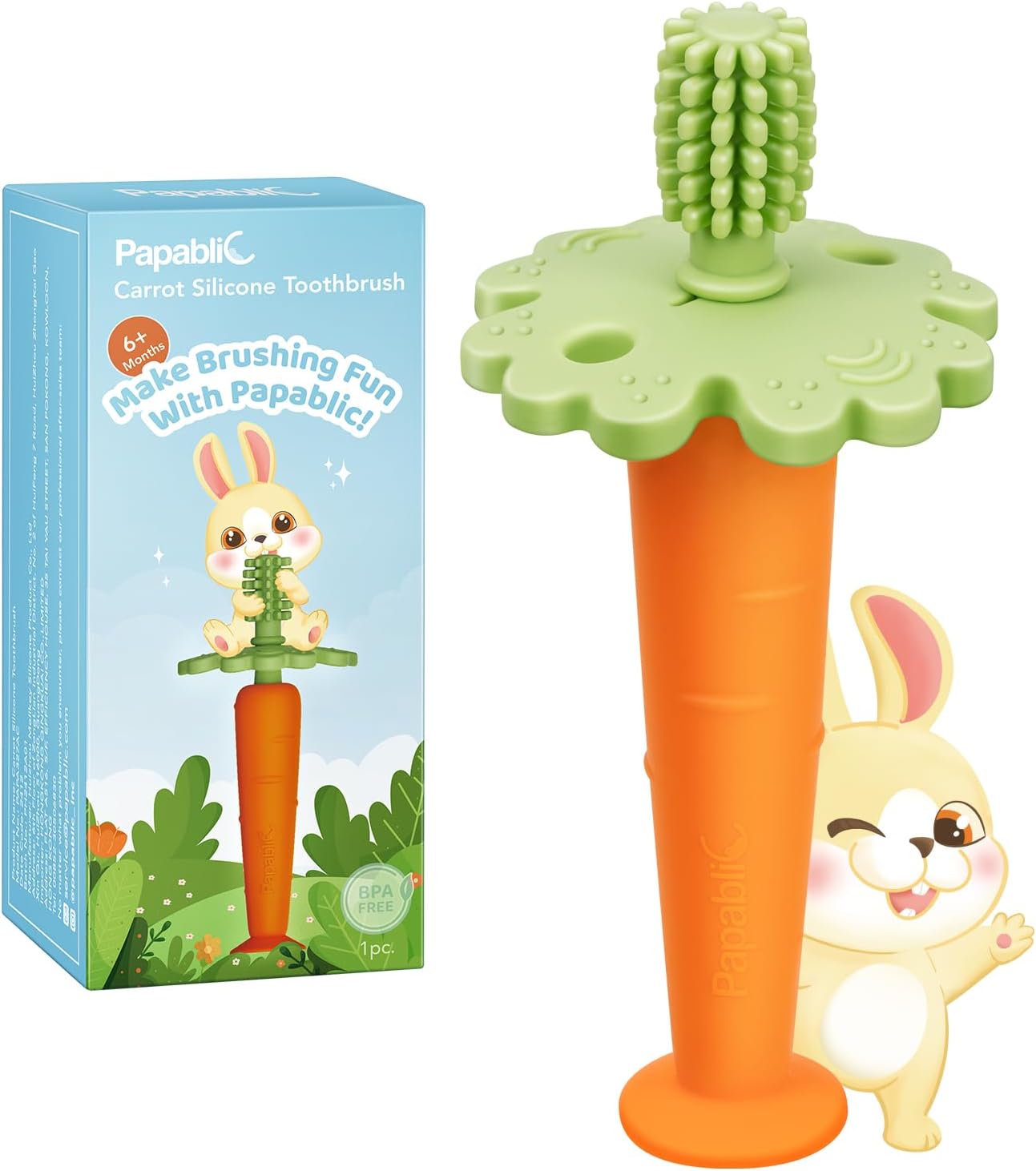 Papablic Baby Toothbrush Teether, Teething Toys 6-12 Months, 360° Carrot Teether Baby Stuffers, Infant Toothbrush with Suction Base