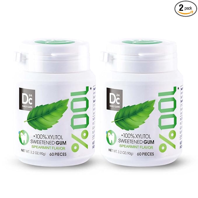 DC24 DAILY CARE 100% Xylitol Gum, No Aspartame, Sugar Free Chewing Gum, Natural Spearmint Flavor, Gluten Free, Vegan, 60 Pieces, Pack of 2